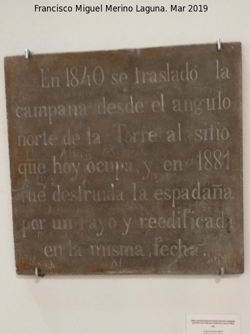 Alhambra. Torre de la Vela - Alhambra. Torre de la Vela. Placa del traslado de la campana. Exposicin en la Alhambra