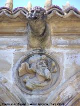 Casa de Las Torres. Grgola y tondo de la izquierda del lado Oeste del patio