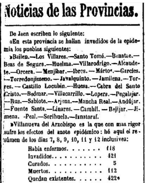Historia de Pegalajar - Historia de Pegalajar. Epidemia de Clera. Peridico La Esperanza del 26-7-1855