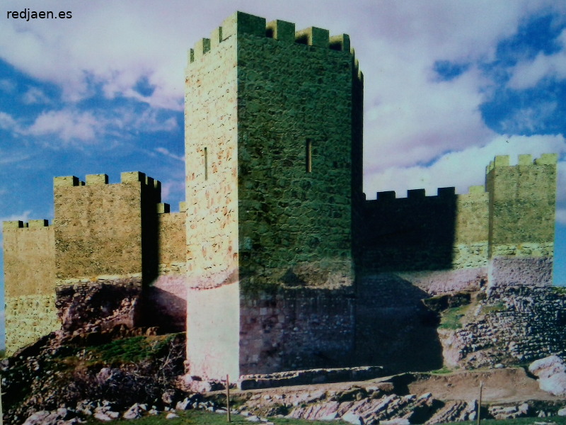 Castillo de Alarcos. Torren Pentagonal Este - Castillo de Alarcos. Torren Pentagonal Este. Reconstruccin virtual de un panel informativo