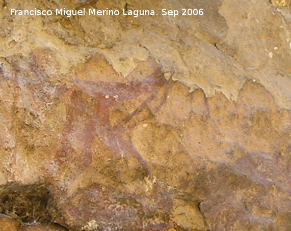 Pinturas rupestres de la Cueva del Engarbo I. Grupo II. Panel VII - Pinturas rupestres de la Cueva del Engarbo I. Grupo II. Panel VII. Antropomorfo clavando su arma a un jabal y a su derecha las extremidades inferiores de un zooformo