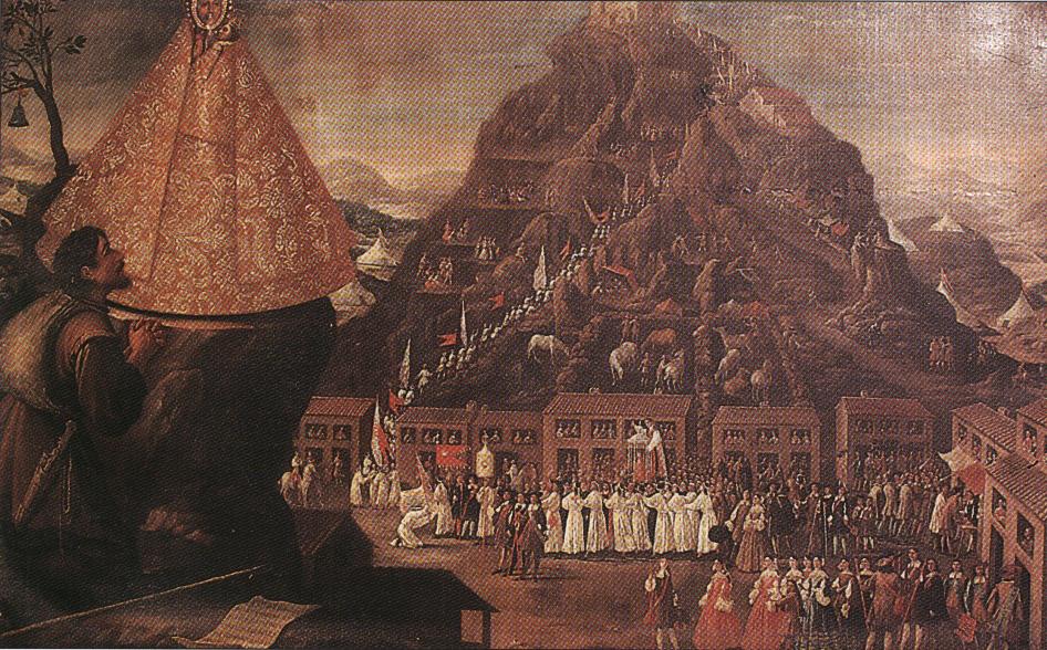 Santuario de la Virgen de la Cabeza - Santuario de la Virgen de la Cabeza. Virgen de la Cabeza y vista de la procesin siglo XVII