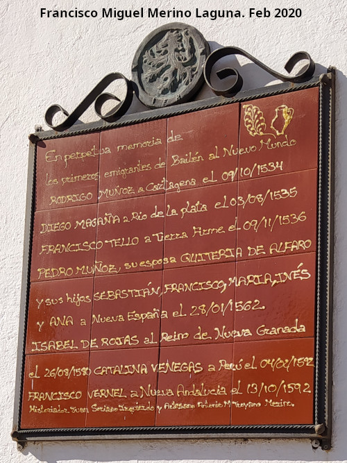 Historia de Bail�n - Historia de Bail�n. Placa de los primeros emigrantes de Bail�n al Nuevo Mundo