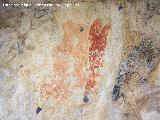 Pinturas rupestres del Abrigo de la Cantera. Figura en rojo claro en forma de A y barra en rojo obscuro